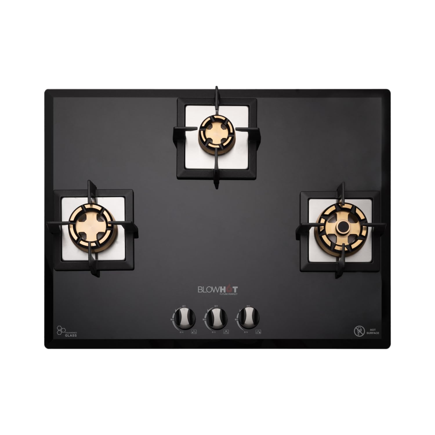 BLOWHOT Pluton 3 Burner Battery Operated Hybrid Gas Hob Top Heavy Brass Burners With Brass Base 70cms Toughened Glass Top, One 100mm Triple Ring, One 90mm Double Ring, One 70mm Brass Burner - Black