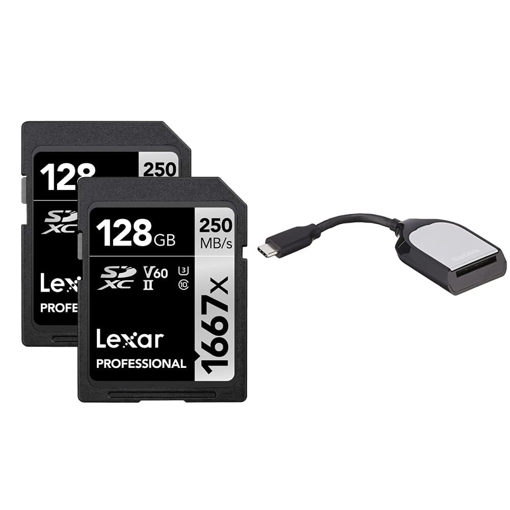 Lexar Professional 1667x 128GB (2-Pack) SDXC UHS-I Memory Cards and SanDisk Extreme PRO SD UHS-II USB-C Reader