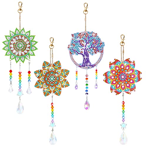 AFUNTA Kit di 4 quadri artistici con diamanti fai da te, acchiappasole a vento, fiori e alberi di cristallo su entrambi i lati, decorazione per finestre