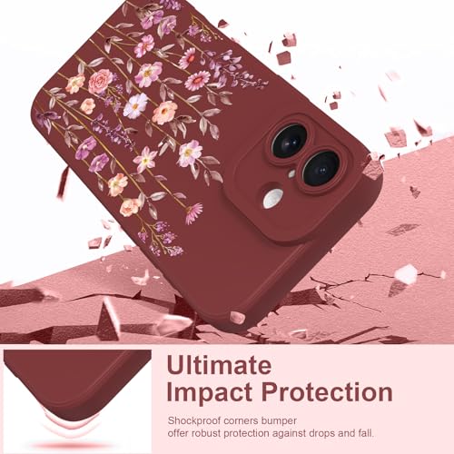 Image of Designed for iPhone 17 Case Flower for Women Girls, Wine Red | Cute Floral Pattern Liquid Silicone Phone Case [Full Camera Protection] Slim Soft TPU Protective Cover