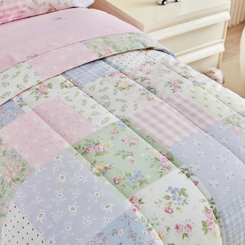 Image of Joyreap 4 Piece Cotton Toddler Bedding Set- Colorful Flowers Grids Patchwork Design, Toddler Comforter Set for Girls, Includes Quilted Comforter, Fitted Sheet, Top Sheet, and Pillow Case