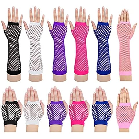 SAMHENG Fingerless Fishnet Gloves 12 Pairs Vintage Nylon Stretchy Mesh Gloves for 80's Retro Theme Party Women Girls Costume Accessories Cover