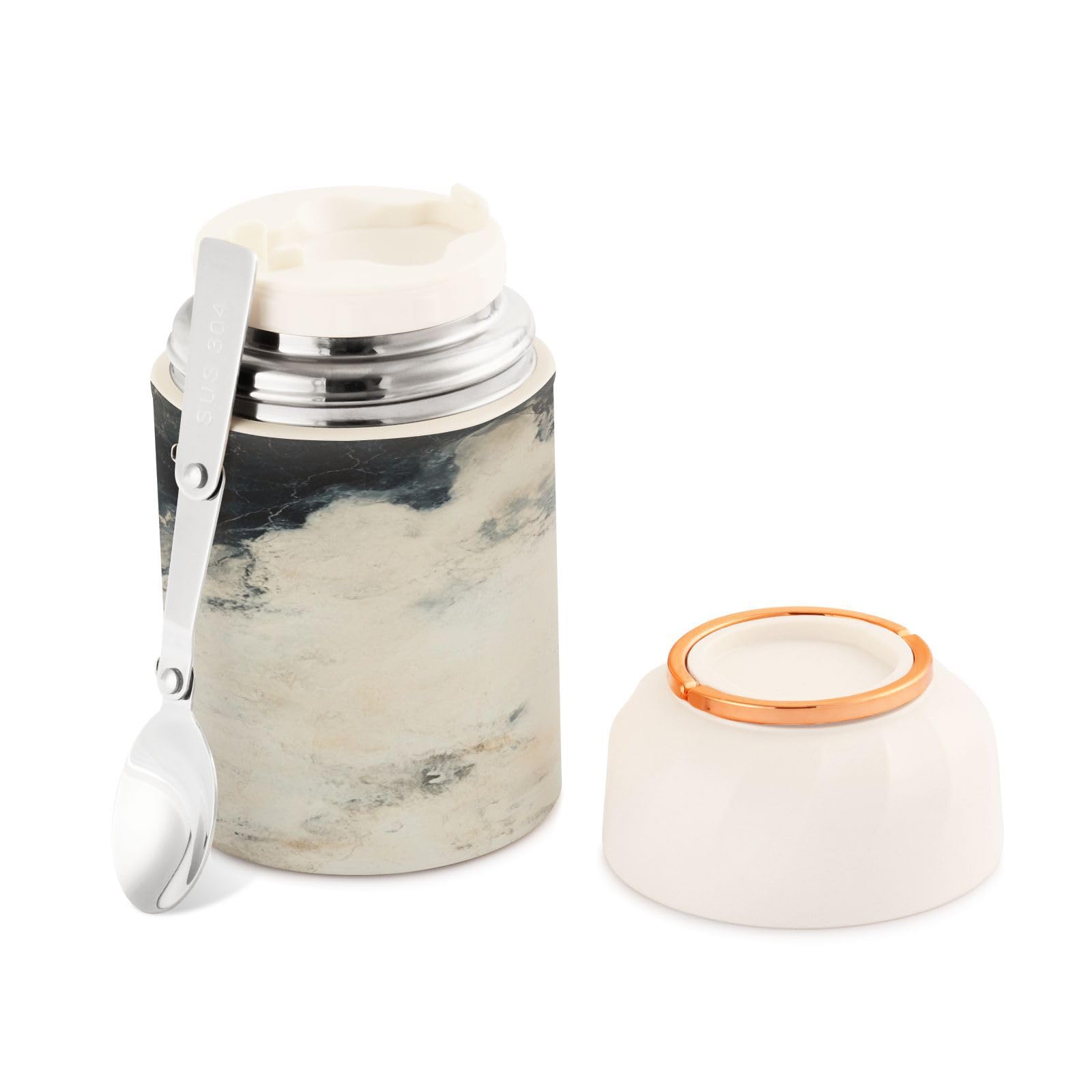 Tarro de comida aislado en acero inoxidable y elegante acabado de mármol