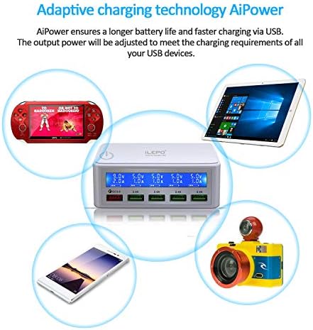 iLEPO Multiple USB Charging Station with Smart LED Display, 50W USB Multi Charger support Quick Charge 3.0 Charger Adapter for Oneplus Samsung Redmi and more (White)