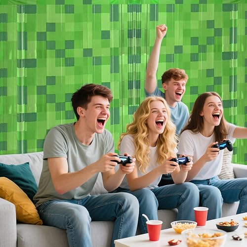 Image of Green Pixel Miner Foil Fringe Curtains - 2 Pack 3.3x6.6ft Metallic Video Game Birthday Photo Booth Backdrop, Door Streamers for Gamer Party Decorations & Room Wall Decor