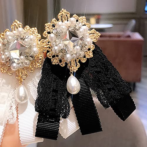 Lace Ribbon Bow Tie Brooch Rhinestone Pearl Necktie for Girl Women Fashion jabot collar brooch pins Pre-Tied Corsage3