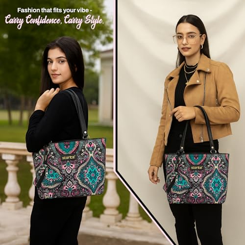 Image of Storite Women's Tote Bag With Leather Handles & Embroidery Printed bag With Zip Pockets, Shoulder Tote Bag And Handbag For Office And College