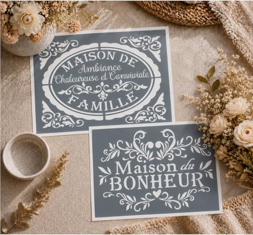 Lot de 2 Pochoirs Maison Famille Bonheur 30x20 cm Adhésifs Réutilisables – Déco Vintage Chic DIY Meuble Mur Stencil