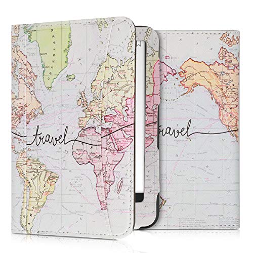 Flip Hülle kompatibel mit Tolino Vision 1/2 / 3/4 HD - Vorderfach Handschlaufe - Travel Schriftzug Schwarz Mehrfarbig