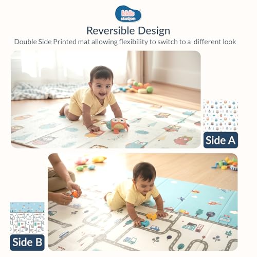 Image of Kids Station Double-Sided Waterproof Baby Playmat - Foldable, Portable & Reversible Foam Mat for Infants, Toddlers & Kids - Soft, Non-Slip, Easy-to-Clean Baby Crawling Mat for Indoor /Outdoor Use (200x150x0.6cm, Winter Owl & City Print)