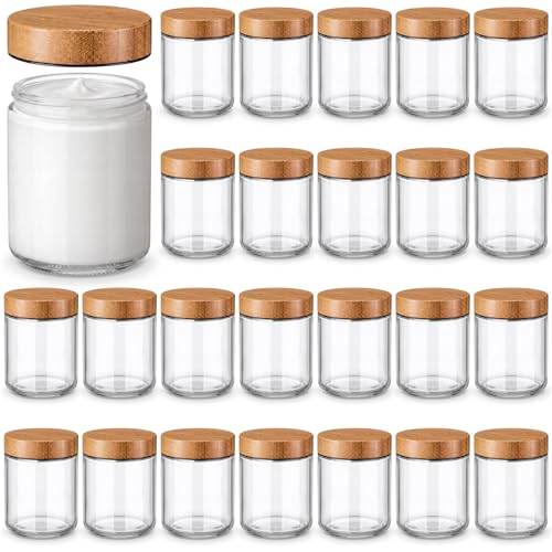 Norme 24 Pcs 8oz Glass Jars with Lids Empty Small Glass Containers and Inner Liners Reusable Cosmetic Jars Round Airtight Bottles with Plastic Wood Grain Lids for Travel