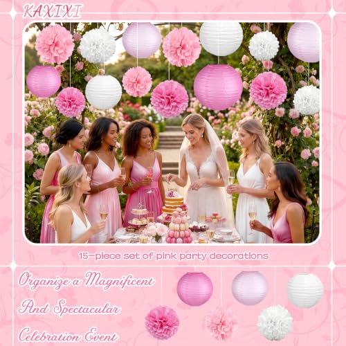Image of KAXIXI 15-Piece Pink Party Decorations with Paper Lanterns & Pom Poms