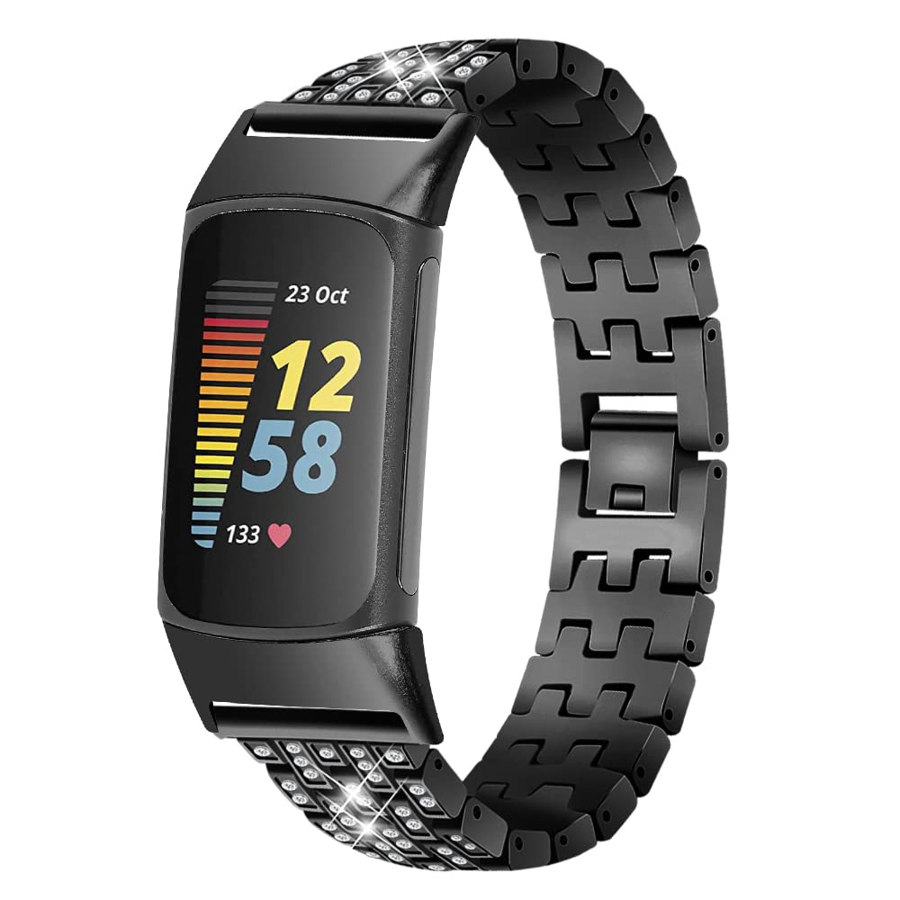 Compatible with Fitbit Charge 5 Bands Women,Adjustable Elegant Stainless steel with diamond-set metal strap for Charge 5 Smartwatch (Black)