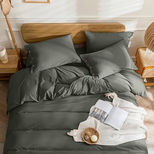 Image of JELLYMONI Cotton Duvet Cover Twin XL Size - Gray Comforter Cover with Button 100% Washed Cotton 2PCS Breathable Soft Solid Bedding Set Duvet Cover 66x92in & 1 Pillowcase (NO Comforter)
