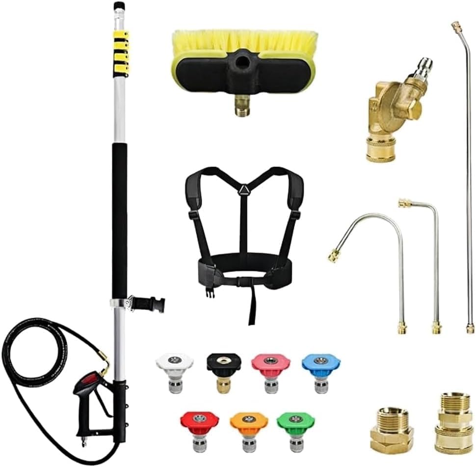 Gresonic 7,3m Baguette Téléscopique pour Nettoyeur Haute Préssion (Tête Brosse Comprise), avec 2 Extensions, Gouttières, 7 Buses, Ceinture et 2...