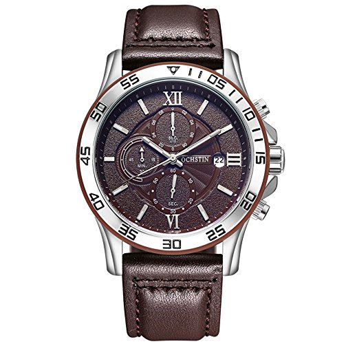 Men's Fashion Three-Eyed Chronograph Watch, Calendar Waterproof Leather Quartz Men's Watch (Silver - Coffee)
