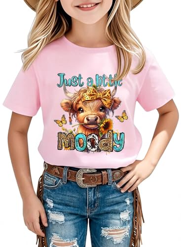 Image of Girls Western Cow T-Shirts - Cute Cowgirl Outfits for Kids Short Sleeve Shirts Funny Tops Rodeo Graphic Summer Tee