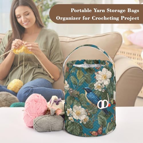 Image of ElliTarr Crochet Bag Yarn Bag with Handle Portable Knitting Project Bag Travel Yarn Storage Organizer Holder Case Vintage Blue Bird Flowers Butterflies