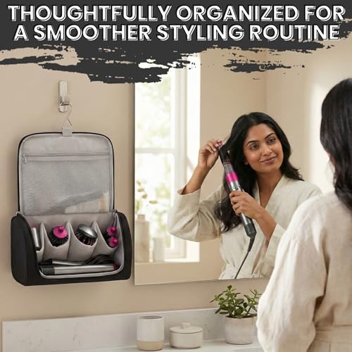 Image of OCEANEVO Travel Pouch for Airwrap Styler WITH Makeup Sponge, Storage Organiser Bag for Airwrap Attachments with Hanging Hook (Bag Only) - 31 x 14 x 16 Cm - Black - 1 Year Warranty