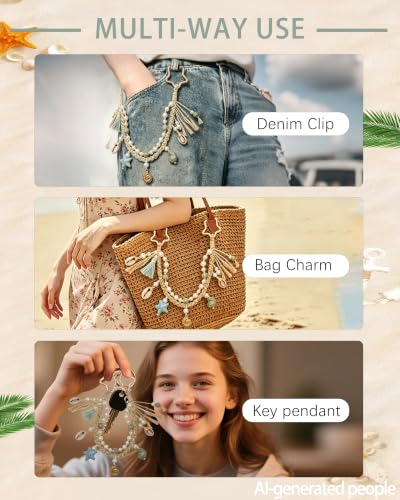 Image of Ocean Bag Charm, Pearl Braided Shell Keychain with Star Clasp
