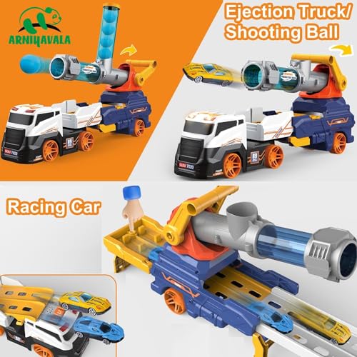 Image of Truck Toys for Kids, 28 inch Large Car Toys Include 2 Racing Cars+4 Ball, with Light & Sounds, Eejection&Shooting Transport Cars Toy, Gifts for Boys Girls 3 4 5 6 7 8 Year Old