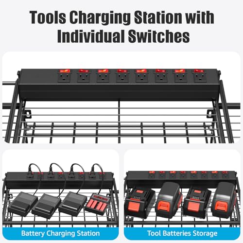CCCEI Black Power Tool Organizer Wall Mount, Large Tools and Battery Storage Rack Charging Station Individual Switches. Drills Holder, Garage Utility Shelves with 6FT Power Strip. Gift for Men. - Image 2