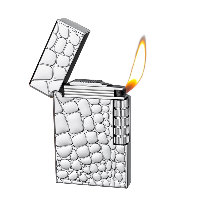 Soft Flame Metal Lighter Traditional Butane Cigar Lighter with Adjustable Flame Display, Vertical Ignition Roller, Flint Wheel, Classic Drawing Lighter (Silver)-image-24