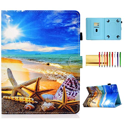 Universal 7 inch Tablet Case, Techcircle PU Leather Folio Stand Magnetic Book Cover with Card/Pen Holder, for Galaxy Tab A/Tab 4/Tab E 7.0/Asus ZenPad 7.0/LG/RCA & More 7 Inch, Sunny Beach Starfish