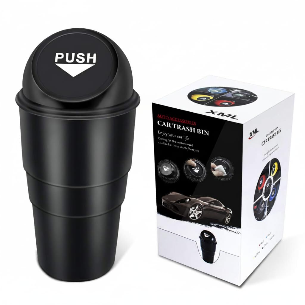 XML Mini Car Dustbin with Black Push-Lid Design for Office Home Kithcen Automotive Accessories Cup Holder Garbage Can Mini Trash Can Multi-Purpose Bucket 20cm small Stylist Black (PACK OF 1)