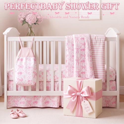 Image of Hahafelt 4 Pieces Crib Bedding Set for Girls and Boys, Pink Bow
