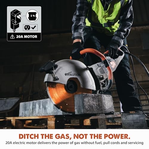 Image of Evolution R14DCT 14 inch Electric Concrete Saw | High-Torque 20A Motor | 5-1 /8 inch Cut Depth | Auto ON /OFF Dust Suppression | No Gas, Low Maintenance | 14 inch Diamond Blade | Heavy-Duty | 20A Plug