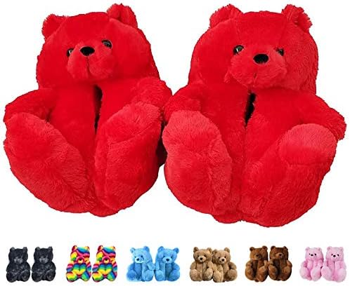 LELEBEAR Teddy Bear Slippers, Plush Animal Slippers Winter Warm Shoes (Red)