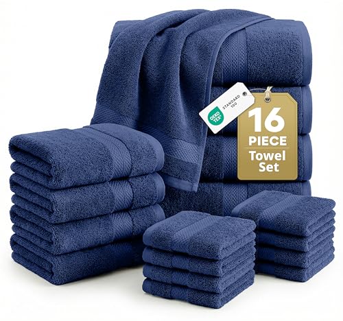 Image of LANE LINEN Luxury Cotton Bath Towel Set - 16 Piece - Low Twist, Soft & High Absorbency - 4 Bath, 8 Wash cloths, 4 Hand Towels - Classic Hotel Quality, Durable & Ideal for Modern Bathrooms - Navy Blue