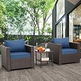 Outdoor Club Chair 3 Pieces Patio Single Sofa Chairs End Table Outdoor Sofa Accent Chair Set of 2 and 2-Layer with Non-Slip Cushions and Waterproof Cover, Navy Blue