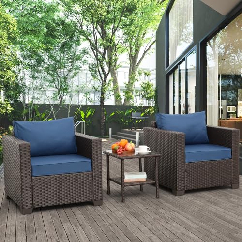 Outdoor Club Chair 3 Pieces Patio Single Sofa Chairs End Table Outdoor Sofa Accent Chair Set of 2 and 2-Layer with Non-Slip Cushions and Waterproof Cover, Navy Blue