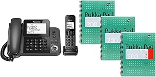 Panasonic KX-TGF320 Corded and Cordless Home office Telephone Kit with Answerphone and Nuisance Call Blocker - Black & Pukka Pads A4 Metallic Jotta Wirebound Notebook (Pack of 3), White