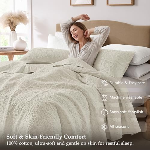 Image of palassio Beige Paisley 100% Cotton Quilt Queen Size Bedding Sets with 2 Pillow Shams, Boho Floral Lightweight Farmhouse Country Vintage Soft Bedspread Shabby Chic Coverlet for All Season, 3 Pieces