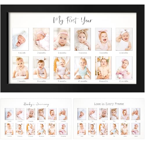 Image of My First Year Photo Frame,12 Months Baby Picture Frame for Newborn Girl, Boy-Baby Shower Gifts Keepsakes,Monthly Baby's One Year Birthday Milestone,1st Nursery Photo Collage Display Board (Onyx Black)