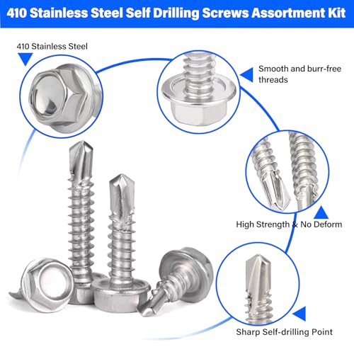 450PCS Self Tapping Screws for Metal, 410 Stainless Steel Self Drilling Screws #8#10 Hex Head Sheet Metal Screws Assortment Kits, Length 1/2"" to 1-1/4'' (Silver) - Image 3