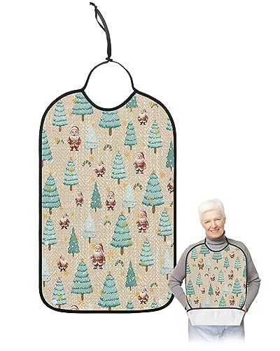 Christmas Adult Bibs for Eating, Waterproof Bibs with Food Catcher & Adjustable Snap Closure, Xmas Tree Santa Winter Snowflake Rustic Washable Clothing Protectors Adult Bibs for Elderly Women/Men