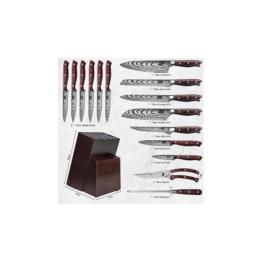 SHAN ZU Knife Set 16 pcs, Japanese Kitchen Knife Set with Block High Carbon Stainless Steel Ultra Sharp Knife Set for Kitchen, Professional Chef Knife Set with Sharpener
