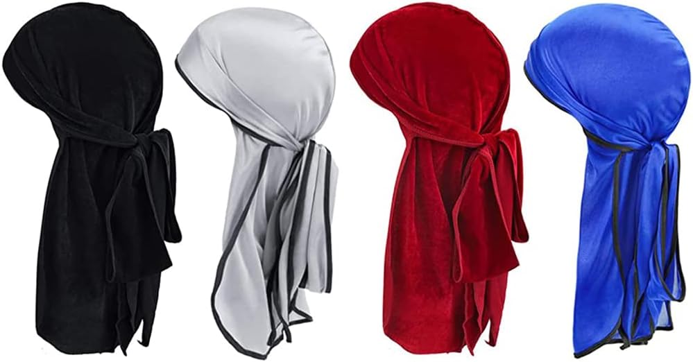 Silk Durag for Men and Women Head Cover Cap Hiphop Style Durag Headwear Fashion Piece Extra Long Durag Head Scarf - 4 Pcs