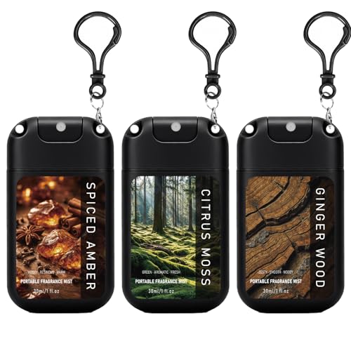 AQUA BLANCE Travel Size Body Spray for Men Card-Style Portable Refreshing Spray with Hook 3 Pack Each 1.0 fl oz-Spiced Amber Citrus Moss Ginger Wood