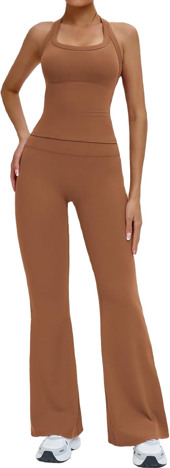 Women 2 Piece Yoga Outfits Halter Neck Sports Bra High Waist Flare Leggings Gym Workout Sets Activewear