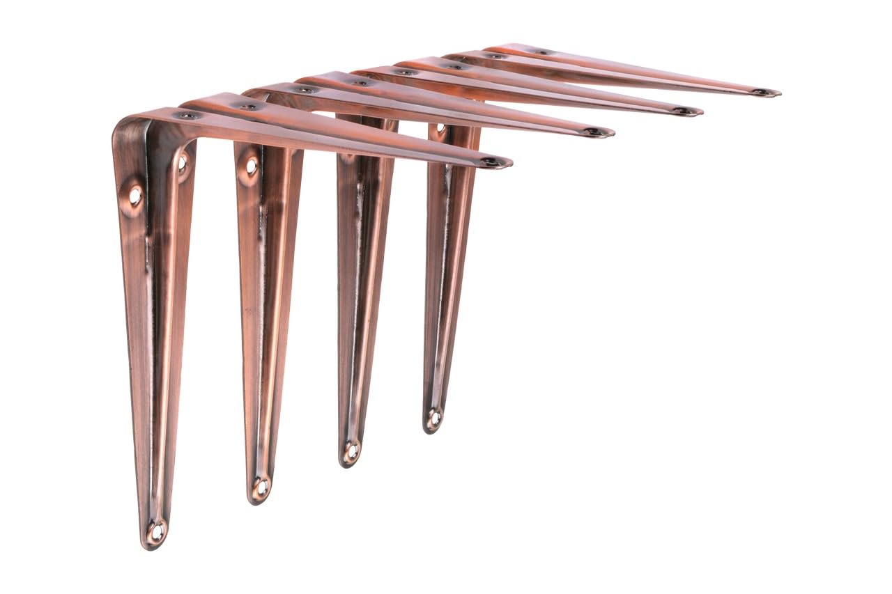 Stiley Living Antique Copper London Shelf Brackets - Heavy Duty Slim Metal Wall Shelf Supports, Tapered Decorative Brackets For Shelving, Industrial Style - 4 Pack (, 125Mm X 150Mm)