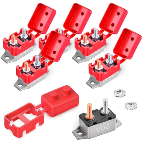 Bolipoeq 20Amp Automatic Reset Circuit Breaker 12V-24V DC for Automotive Marine Boat Car RV Trailer Solar System with Cover Stud Bolt, IP66 Waterproof (Pack of 6)