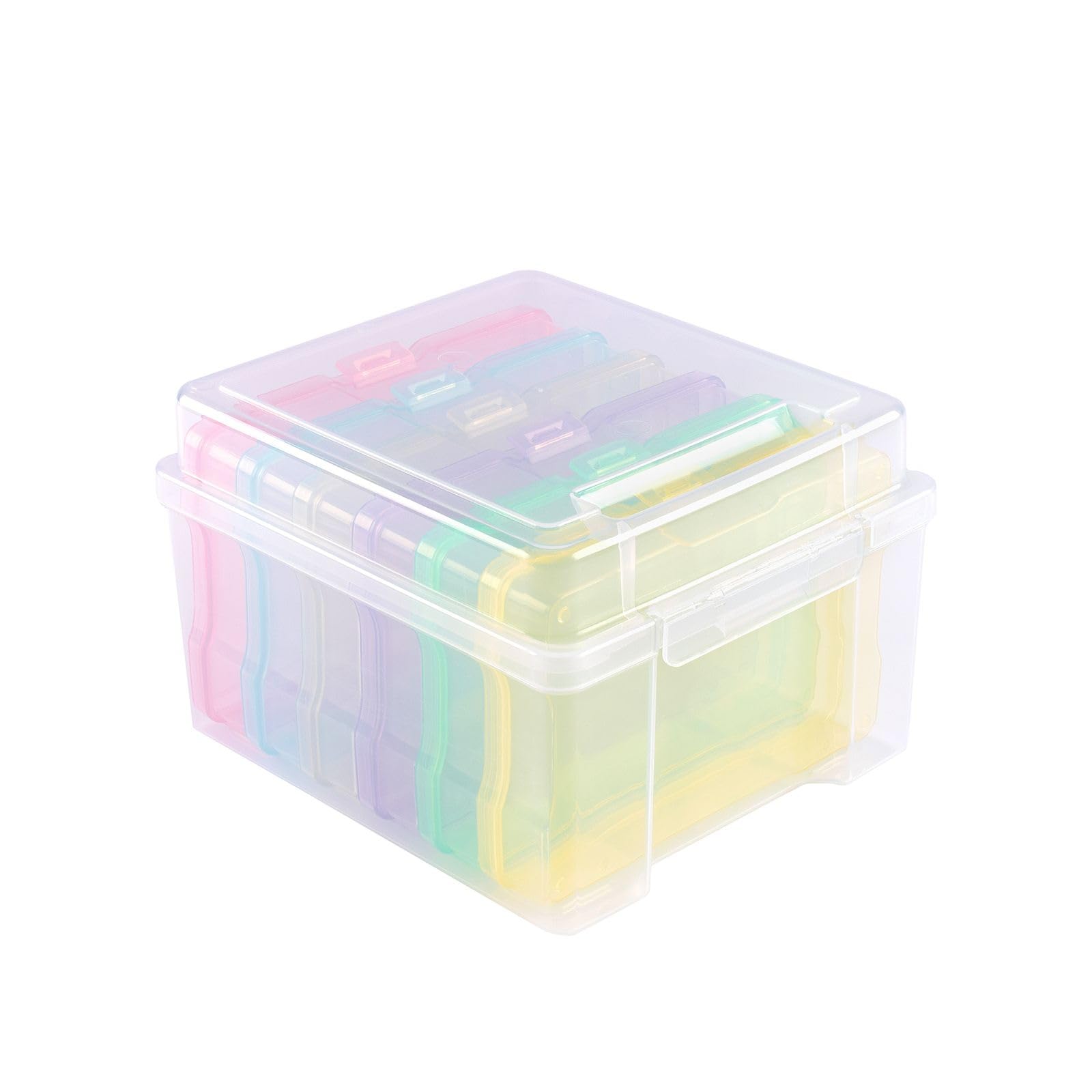 Vaessen Creative Plastic Storage Box with Lid 21 x 18,5 x 14 cm - 6 Cases of 17 x 12 x 3 cm in 6 Colours - Clear Organiser for Sewing, Diamond Art, Small Accessories and Craft Supplies