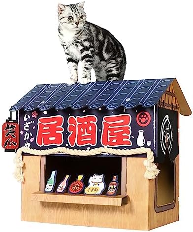 SMILE PAWS Cardboard Cat House with Scratcher, Cat Condo, Bed, Toys, Cat Izakaya Bar Scratcher house for Outdoor/Indoor Cats, Cat Play House & Home Décor, Easy to Assemble for Cats Bunny Small Animals