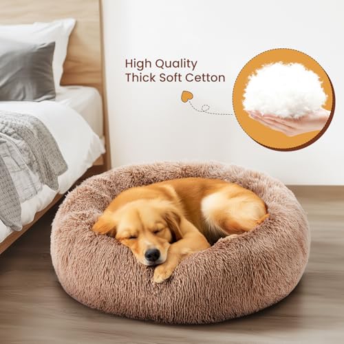 DUMOS Calming Donut Cat & Dog Bed for Medium Dogs, Machine Washable Cuddle Warming Cozy Fluffy Faux Fur Plush Round Dog Bed, Anti-Anxiety Waterproof Anti-Slip Pet Bed, Brown, 24×24×8 Inches - Image 5