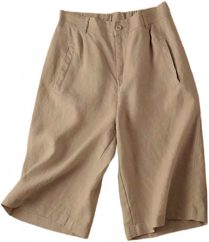 Kinghua Linen Shorts for Women Pleated Wide Leg Elastic High Waisted Casual Summer Bermuda Shorts with Pockets